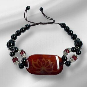 Glass Beads Adjustable Bracelet Burgundy, Black & Silver Lotus Flower